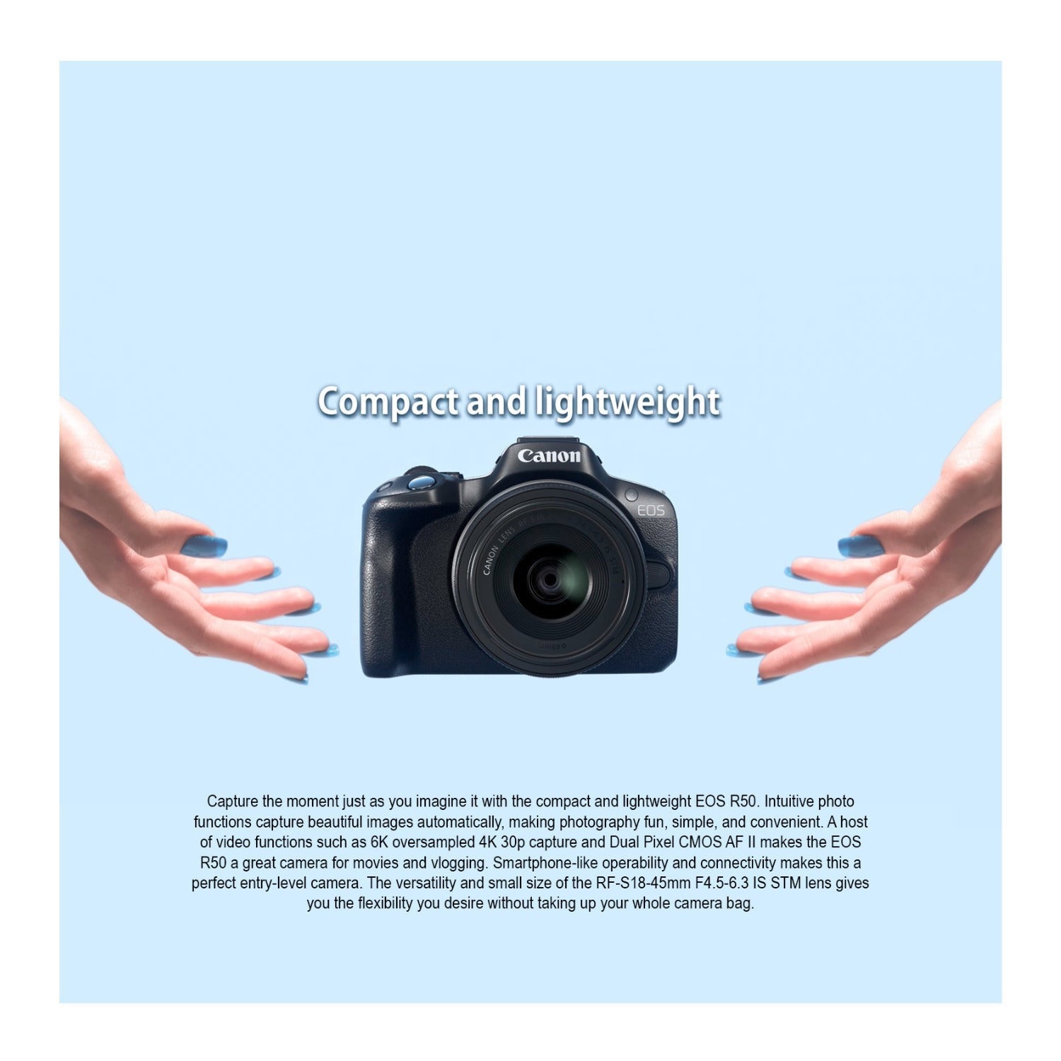 Canon EOS R50 Mirrorless Camera with 18-45mm Lens SD Card and Accessories Bundle