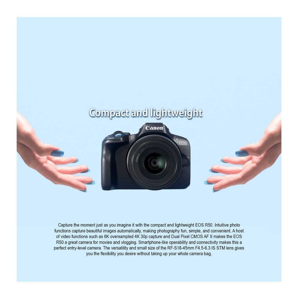 Canon EOS R50 Mirrorless Camera with 18-45mm Lens SD Card and Accessories Bundle