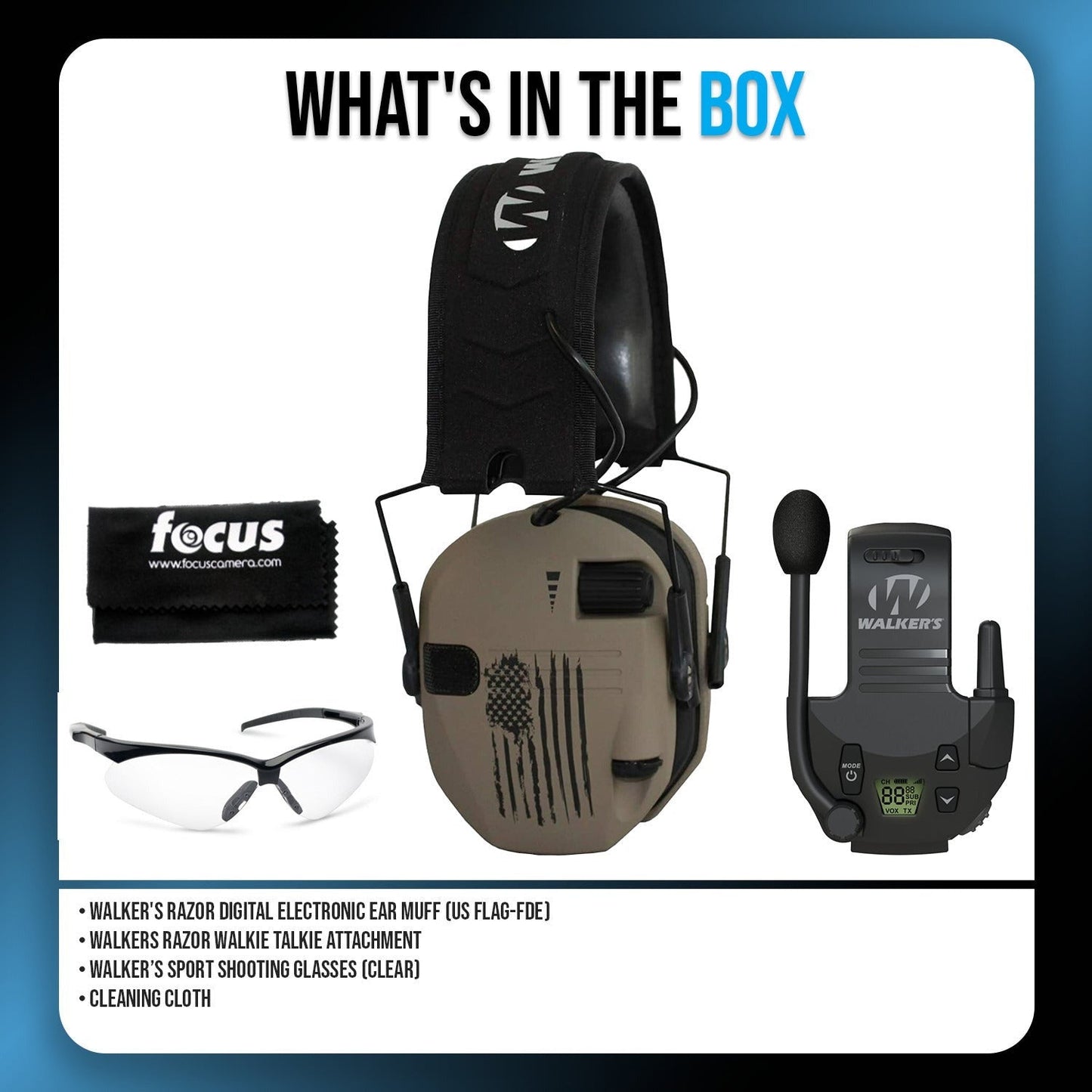 Walker's Razor Slim Electronic Muff (US Flag-FDE) Walkie Bluetooth/Talkie Bundle