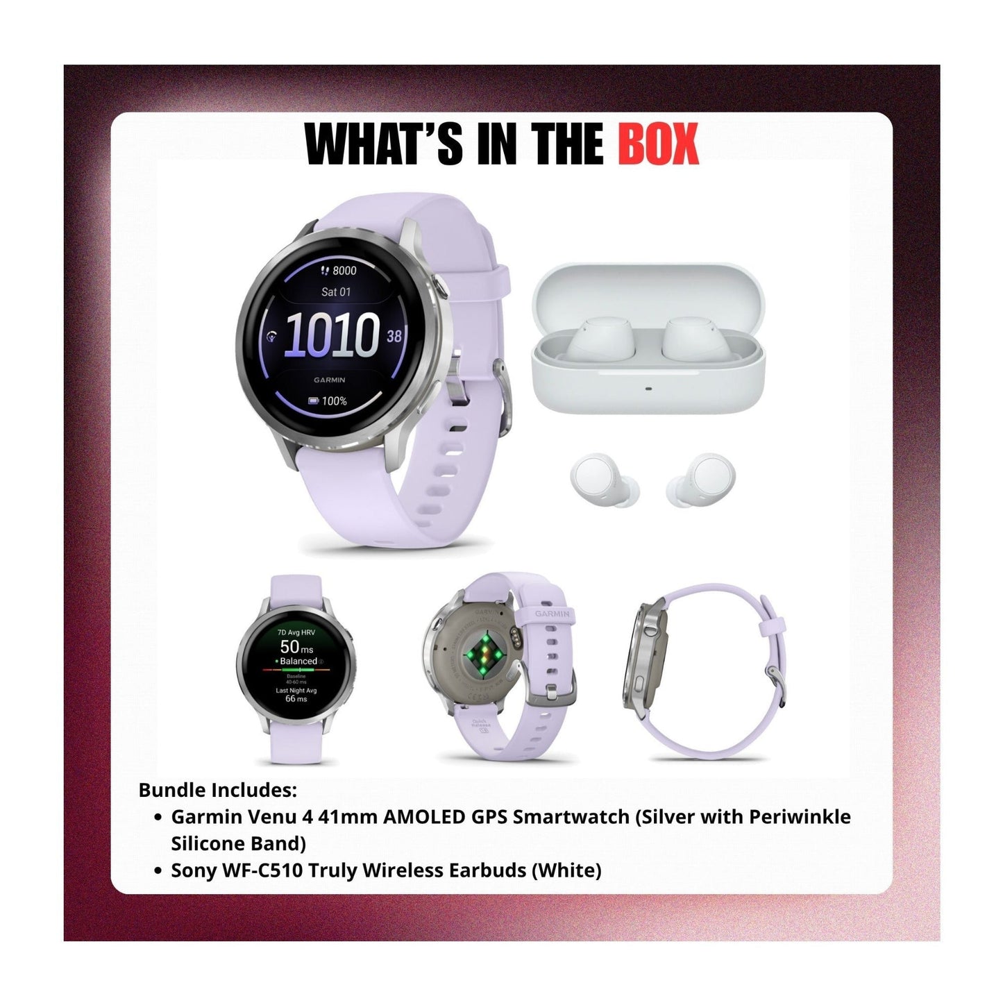 Garmin Venu 4 41mm AMOLED (Silver/Periwinkle) GPS Smartwatch with Earbuds Bundle