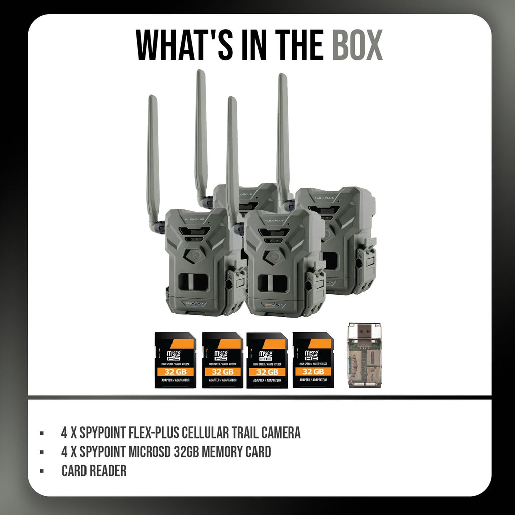 Spypoint FLEX-PLUS Cellular Trail Camera with Memory Card (4-Pack) and Reader