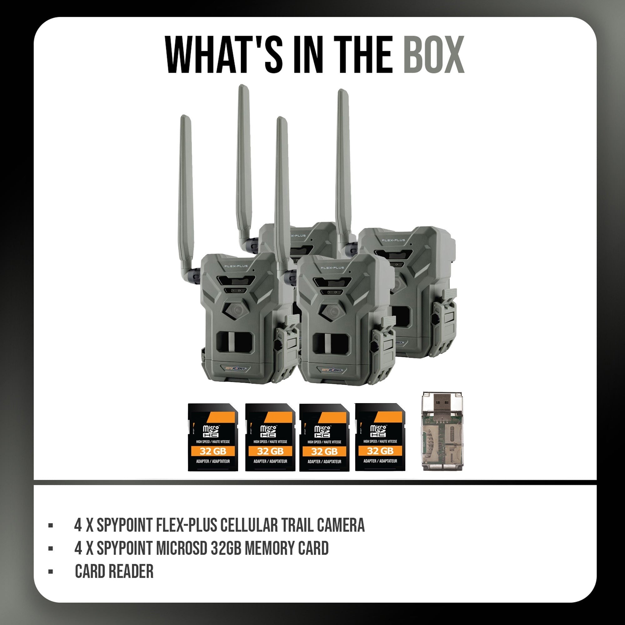 Spypoint FLEX-PLUS Cellular Trail Camera with Memory Card (4-Pack) and Reader