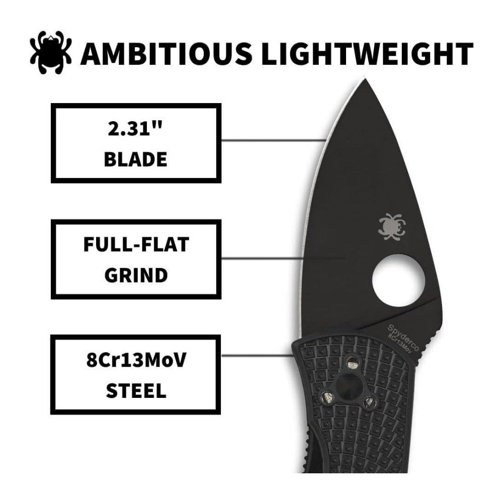 Spyderco Ambitious Lightweight Pocket Knife with 8Cr13MoV Steel Blade and FRN Handle (Black)