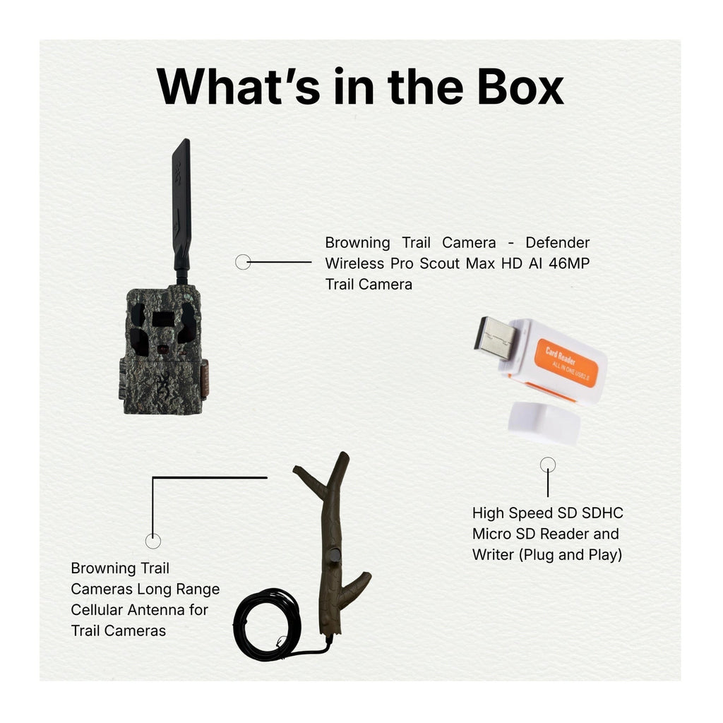 Browning Trail Camera Defender Wireless Pro Scout Max Bundle with Cellular Antenna and Card Reader