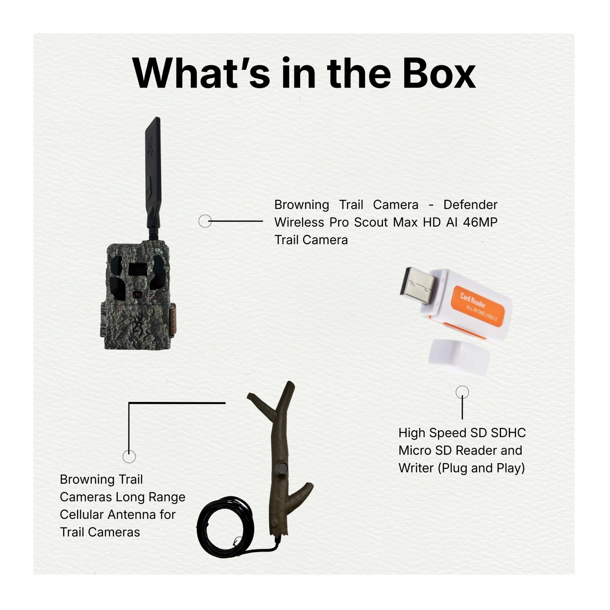 Browning Trail Camera Defender Wireless Pro Scout Max Bundle with Cellular Antenna and Card Reader