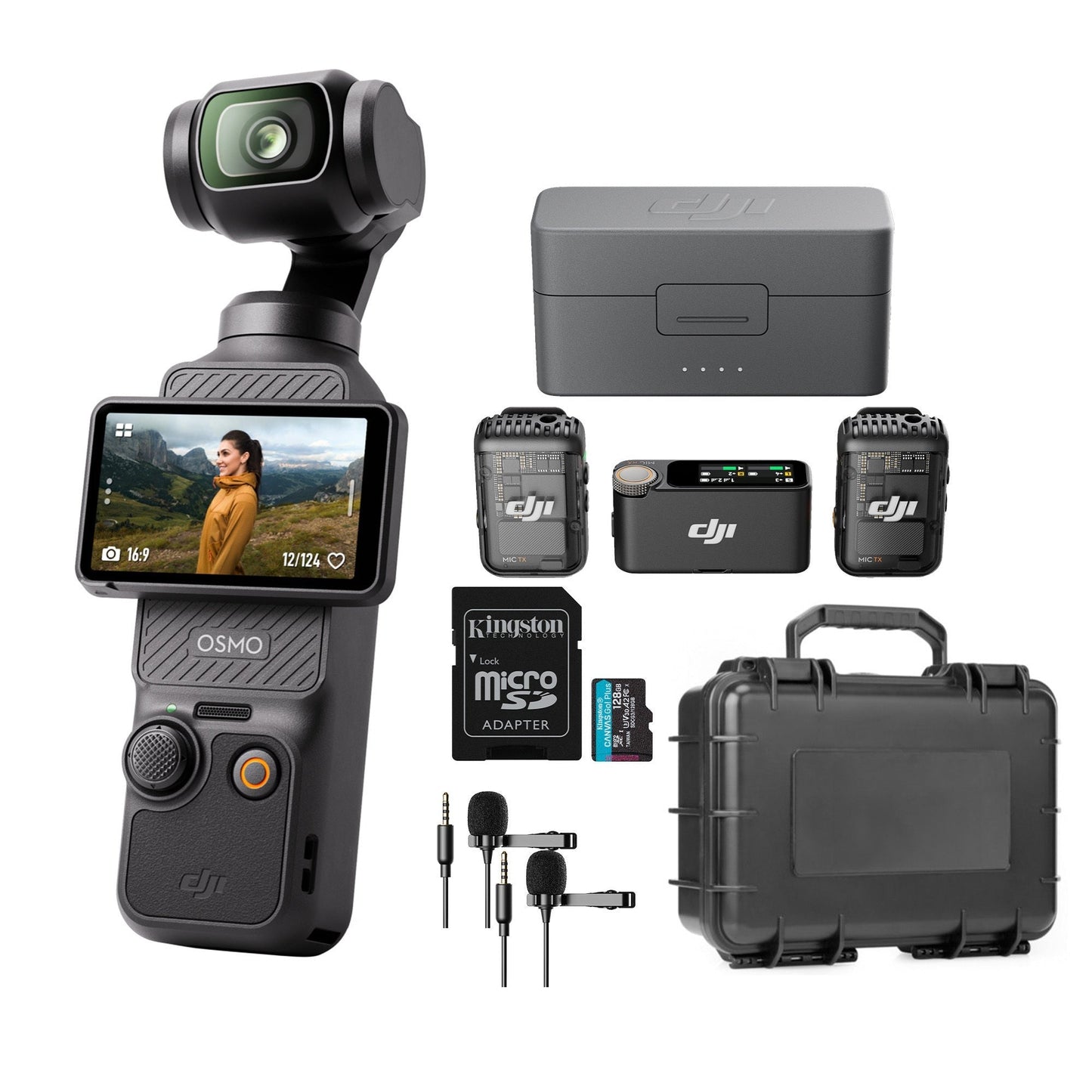 DJI Osmo Pocket 3 with Mic 2 (2 TX + 1 RX + Charging Case), Two (2) Lav Mics, 128GB MicroSD, and Imp