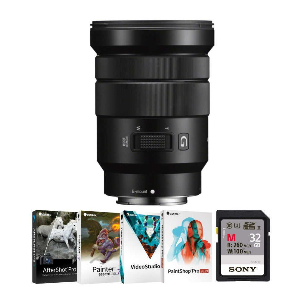 Sony E-Mount PZ 18-105mm f/4 G OSS Lens with 32GB SD Card and Software Bundle