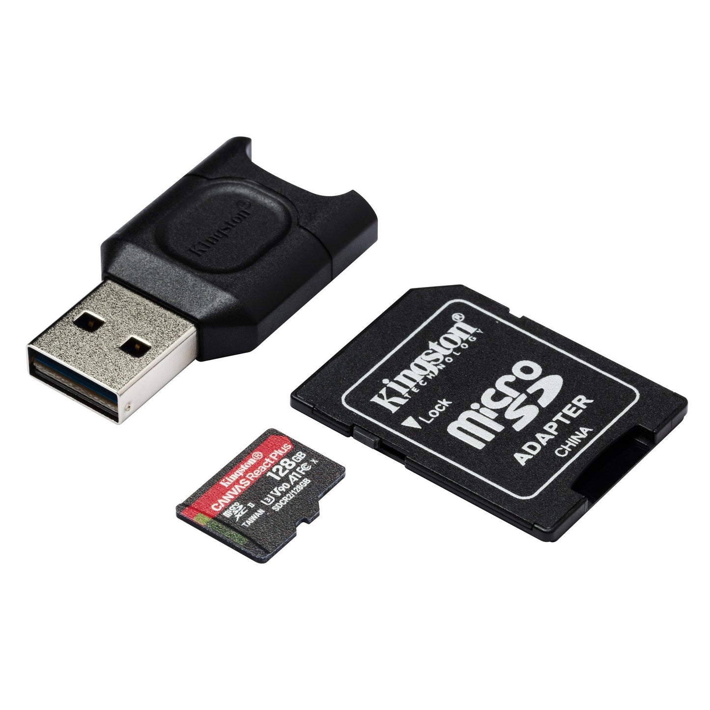 Kingston 128GB Canvas React Plus V90 UHS-II MicroSDXC Card with Reader (2-Pack) and Memory Case