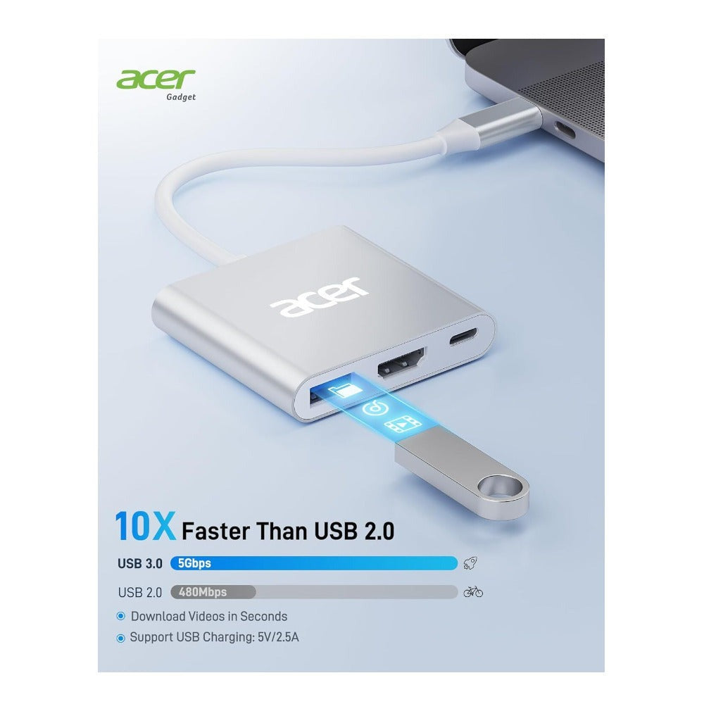 Acer USB-C to HDMI 4K Hub with 100W PD and USB-A 3.0 Port (Silver)
