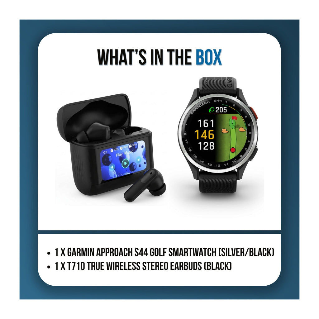 Garmin Approach S44 GPS Golf Smartwatch (Silver Bezel/Black Band) Bundle with T710 Earbuds
