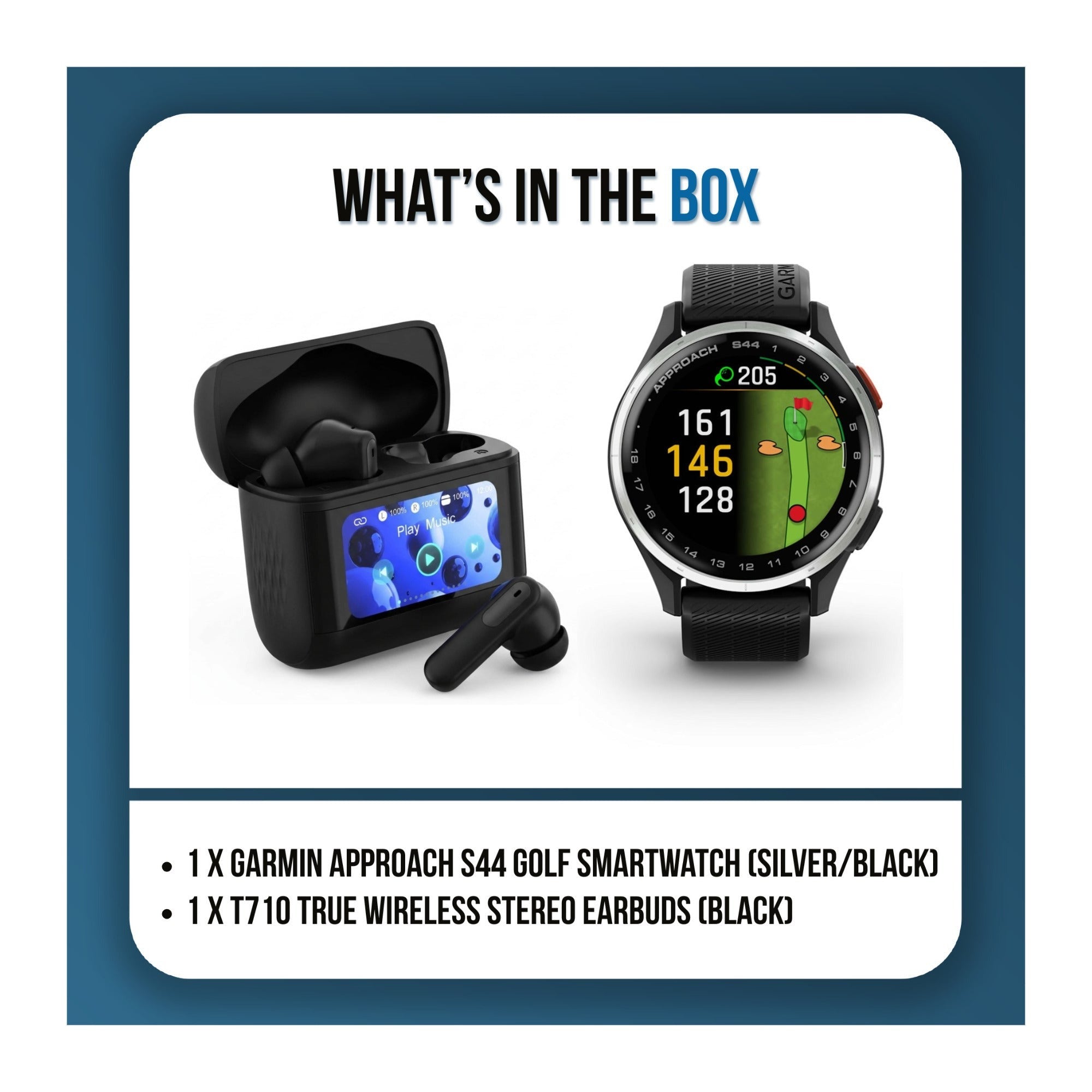 Garmin Approach S44 GPS Golf Smartwatch (Silver Bezel/Black Band) Bundle with T710 Earbuds