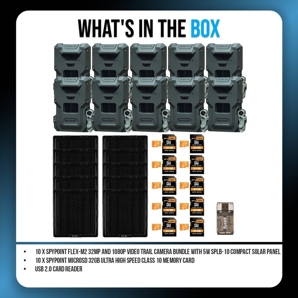 Spypoint FLEX-M2 32MP Trail Camera (10-Pack) with Solar Panel, Memory Card and Card Reader Bundle