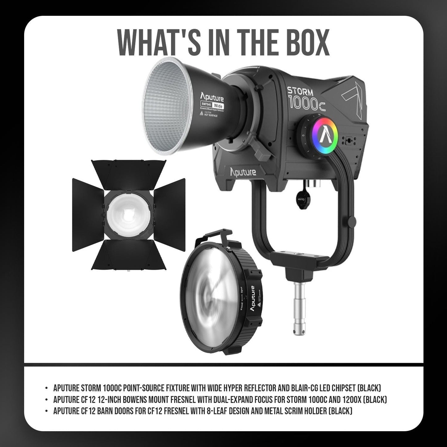 Aputure Storm 1000c Point-Source Fixture with Wide Hyper Reflector (Black) with CF12 Fresnel Bundle