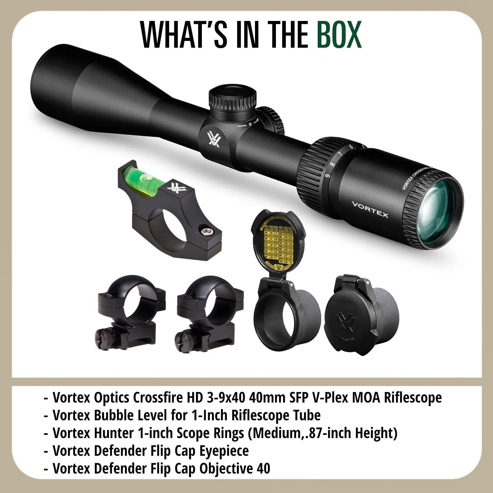 Vortex Optics Crossfire HD 3-9x40 SFP V-Plex MOA Bundle with Accessories