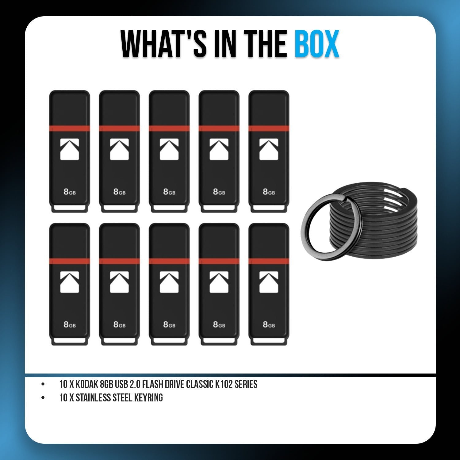 Kodak 8GB USB 2.0 Flash Drive Classic K102 (10-Pack) Bundle with Keyrings