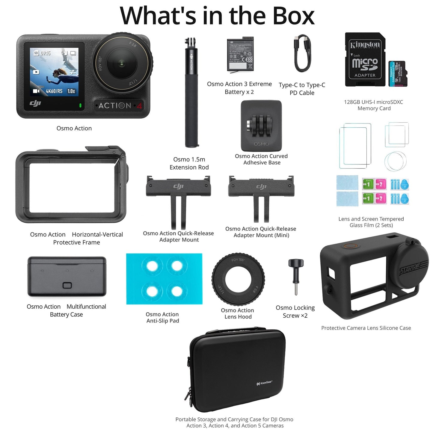 DJI Osmo Action 4 Camera Adventure Combo with 128GB SD Memory Card, Carrying Case, Glass Screen Prot