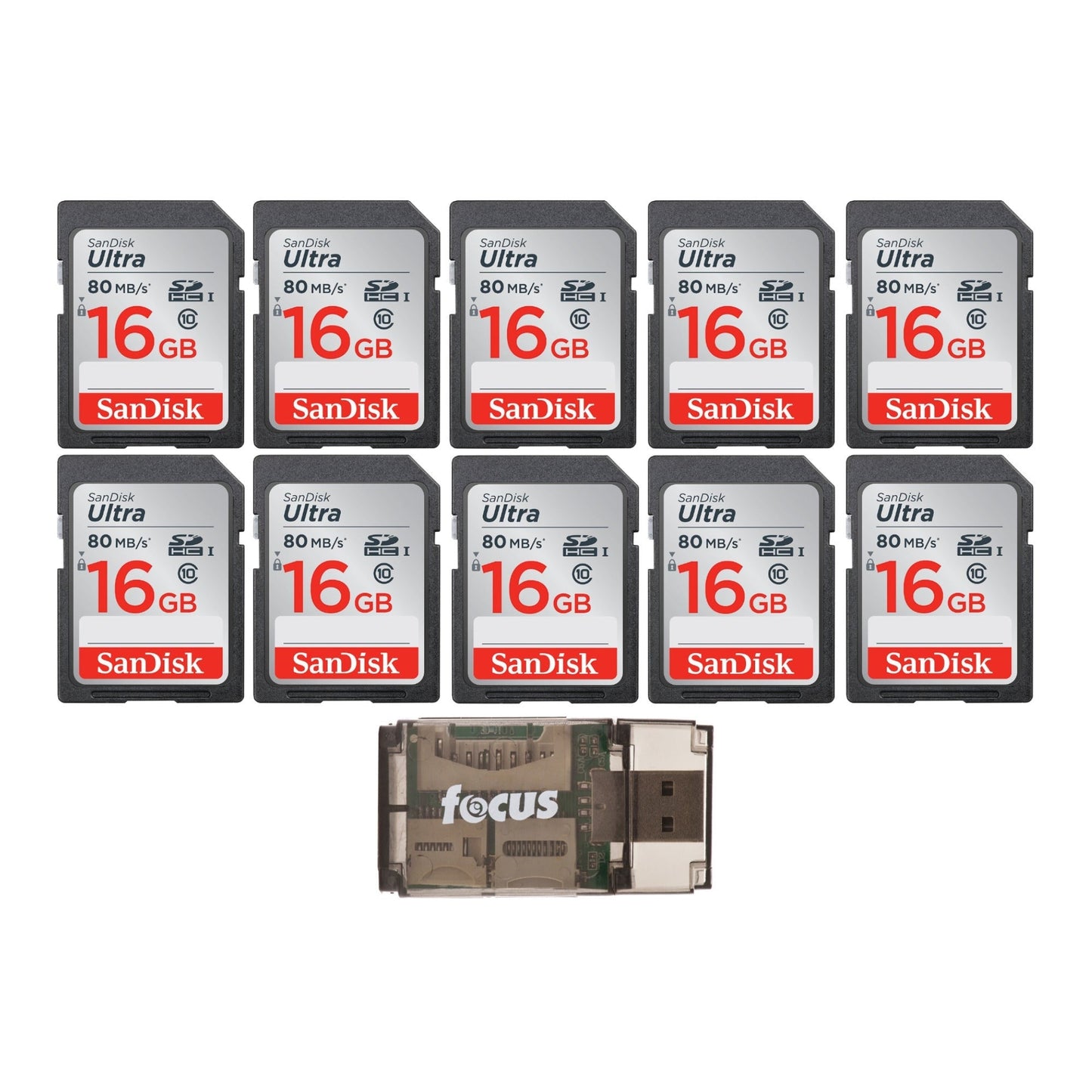 SanDisk Ultra 16GB Class SD Memory Card (10-Pack) with Focus All-In-One High Speed USB Reader