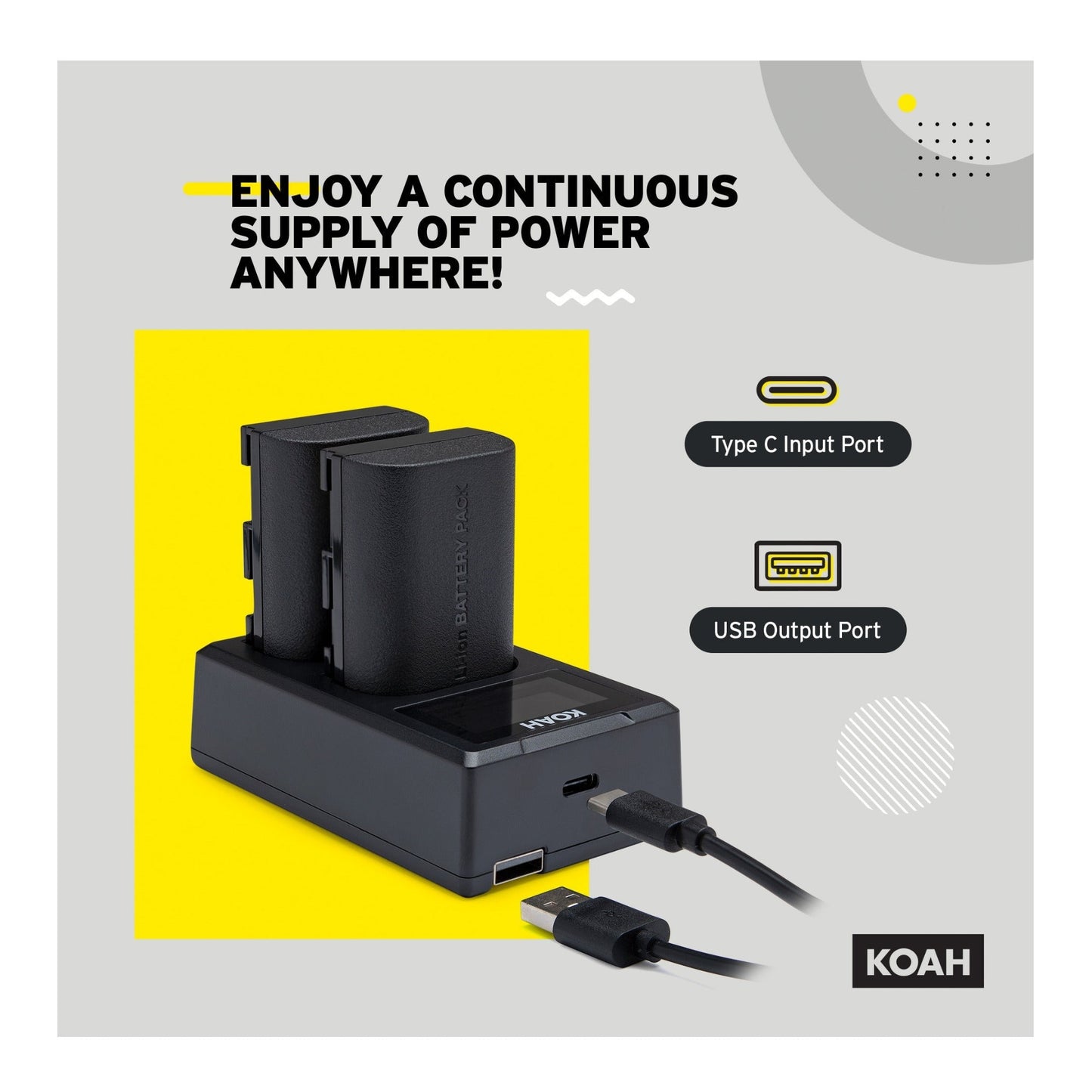 Koah Rechargeable 2250mAh Replacement Batteries for Canon LP-E6NH (2-Pack) and Dual LCD Charger