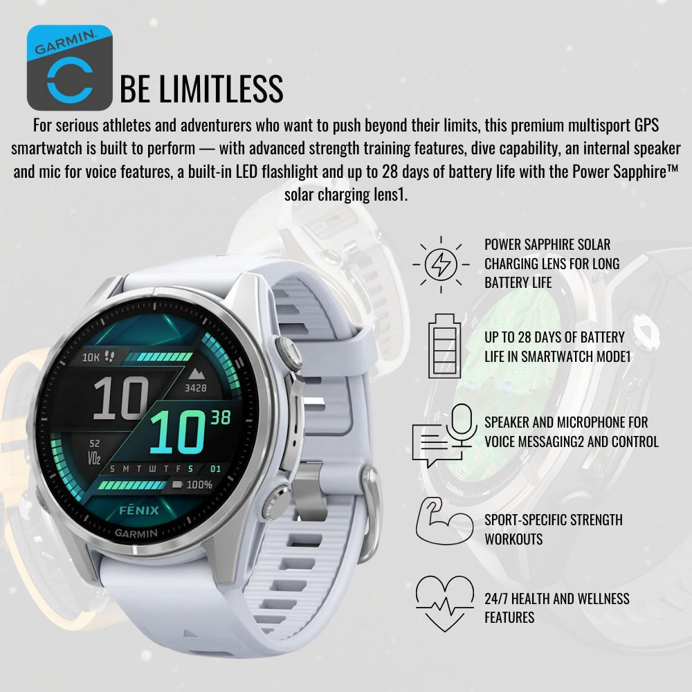 Garmin Fenix 8 43mm AMOLED GPS Smartwatch (Silver and Whitestone) with Portable Charger Stand Bundle