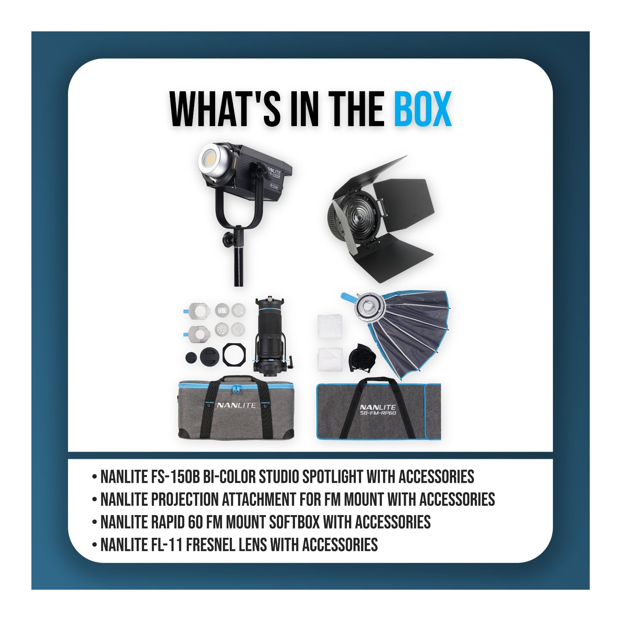 Nanlite FS-150B Bundle with Projection Attachment, Softbox, and Fresnel Lens
