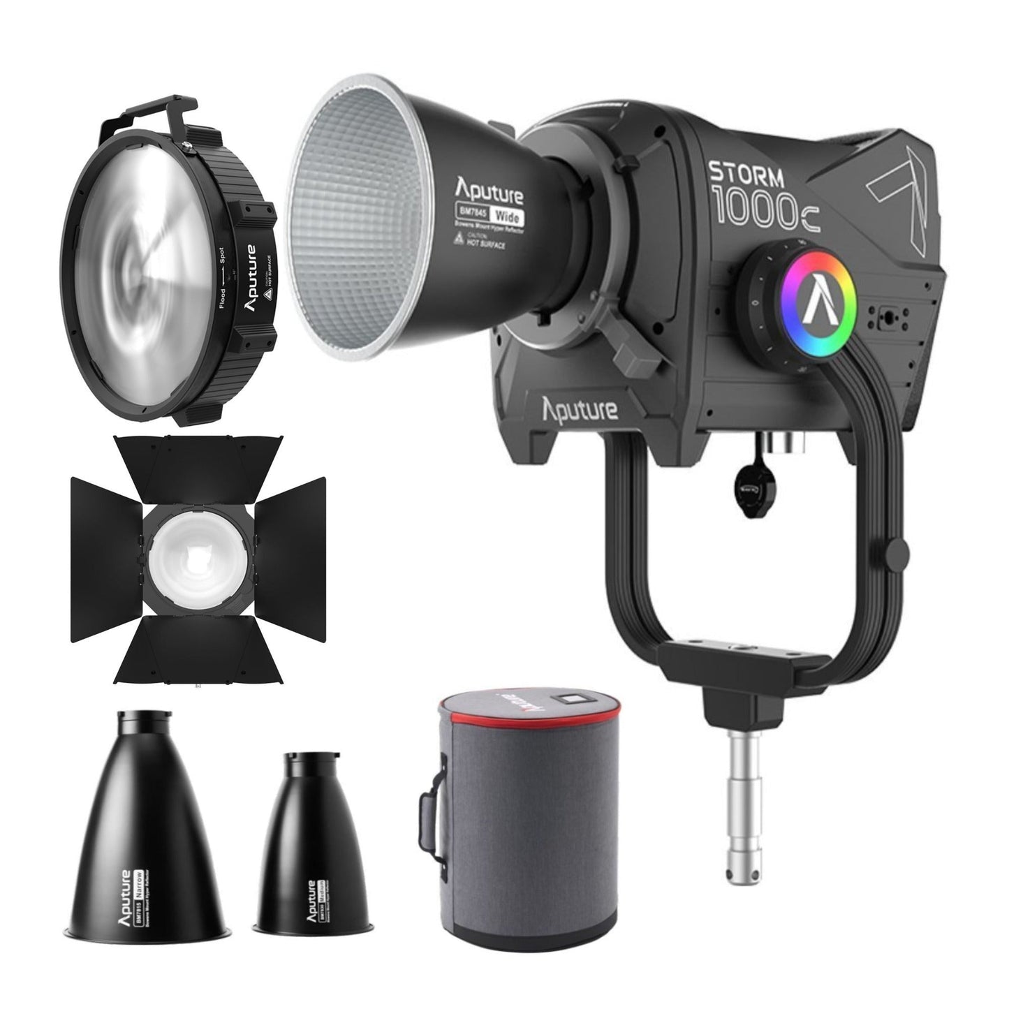 Aputure Storm 1000c Point-Source Fixture with Wide Hyper Reflector (Black) with Black Fresnel Bundle