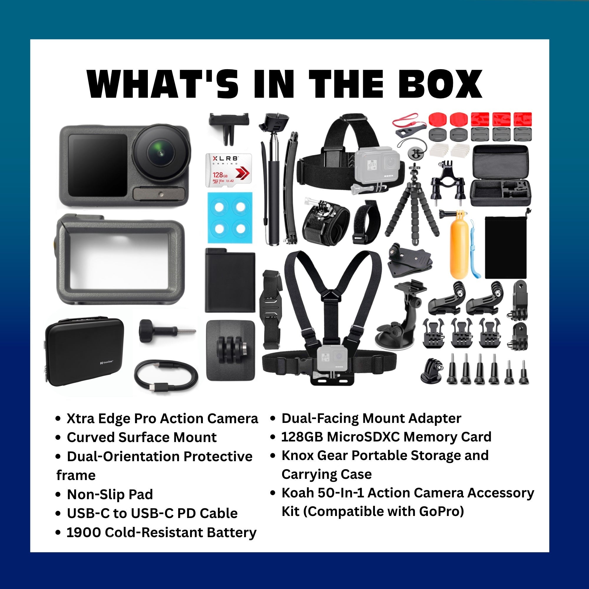 Xtra Edge Pro Action Camera with 128GB MicroSD, Accessory Kit and Case Bundle