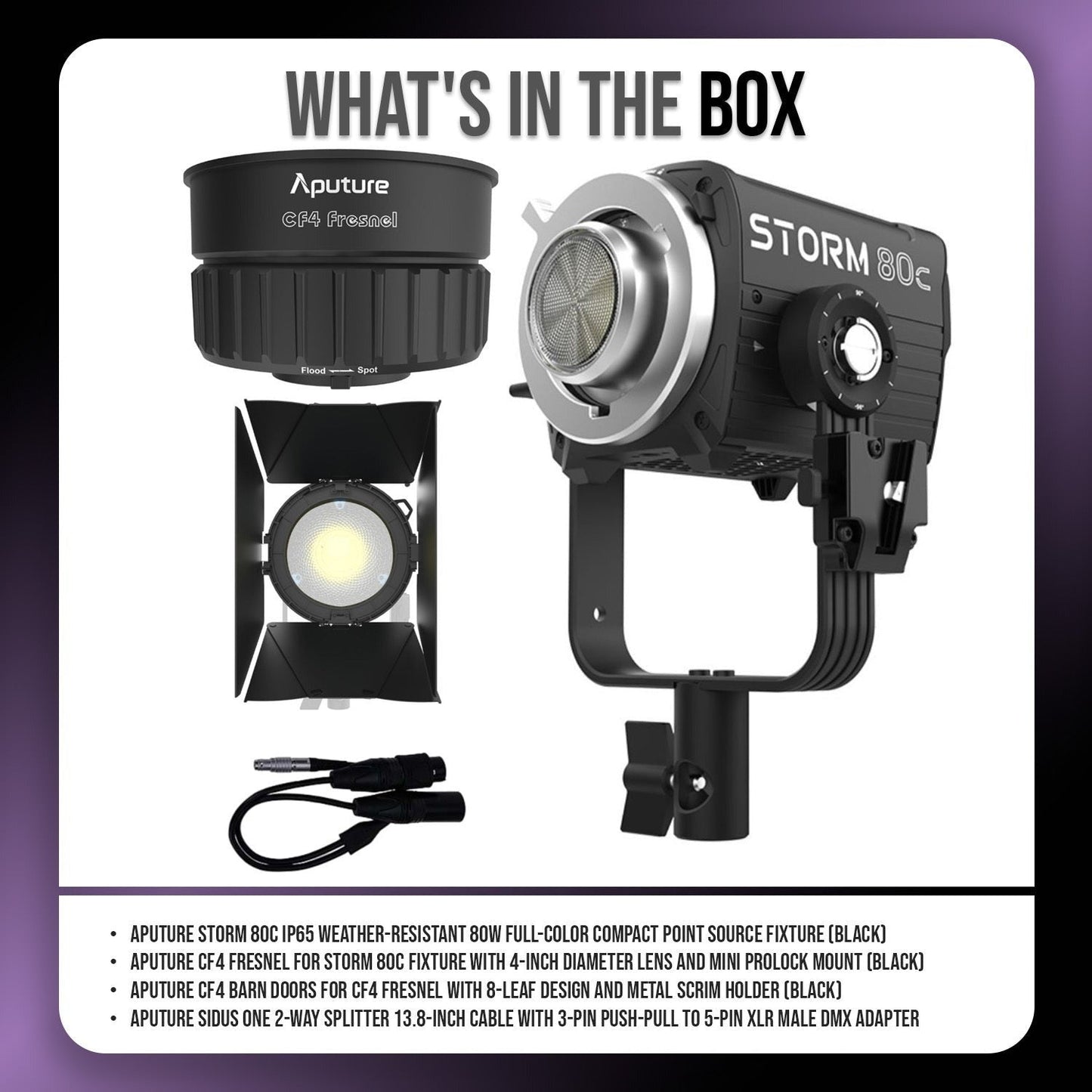 Aputure STORM 80c 80W Tunable Color Compact Point Source Black Fixture with Fresnel Bundle