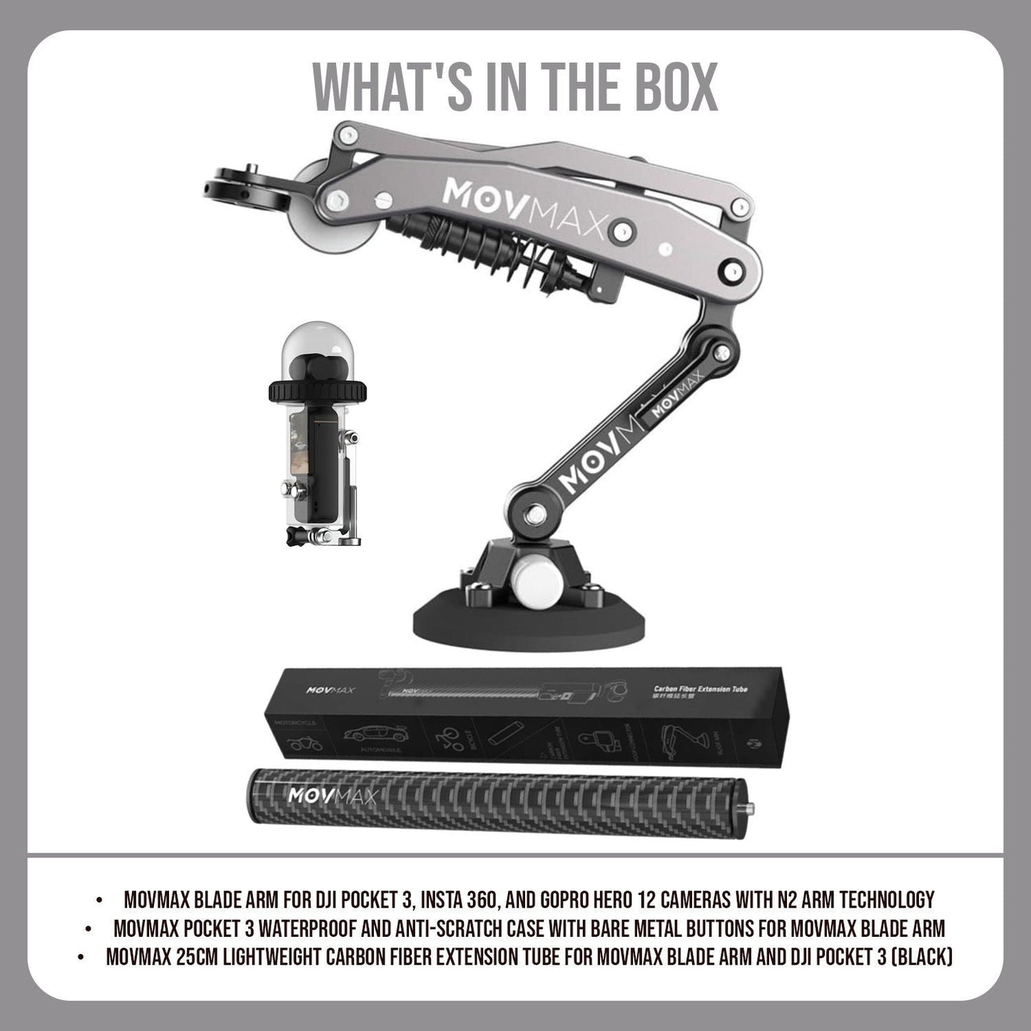 Movmax Blade Arm for DJI Pocket 3, Insta 360, and GoPro HERO 12 Cameras and Extension Tube Bundle
