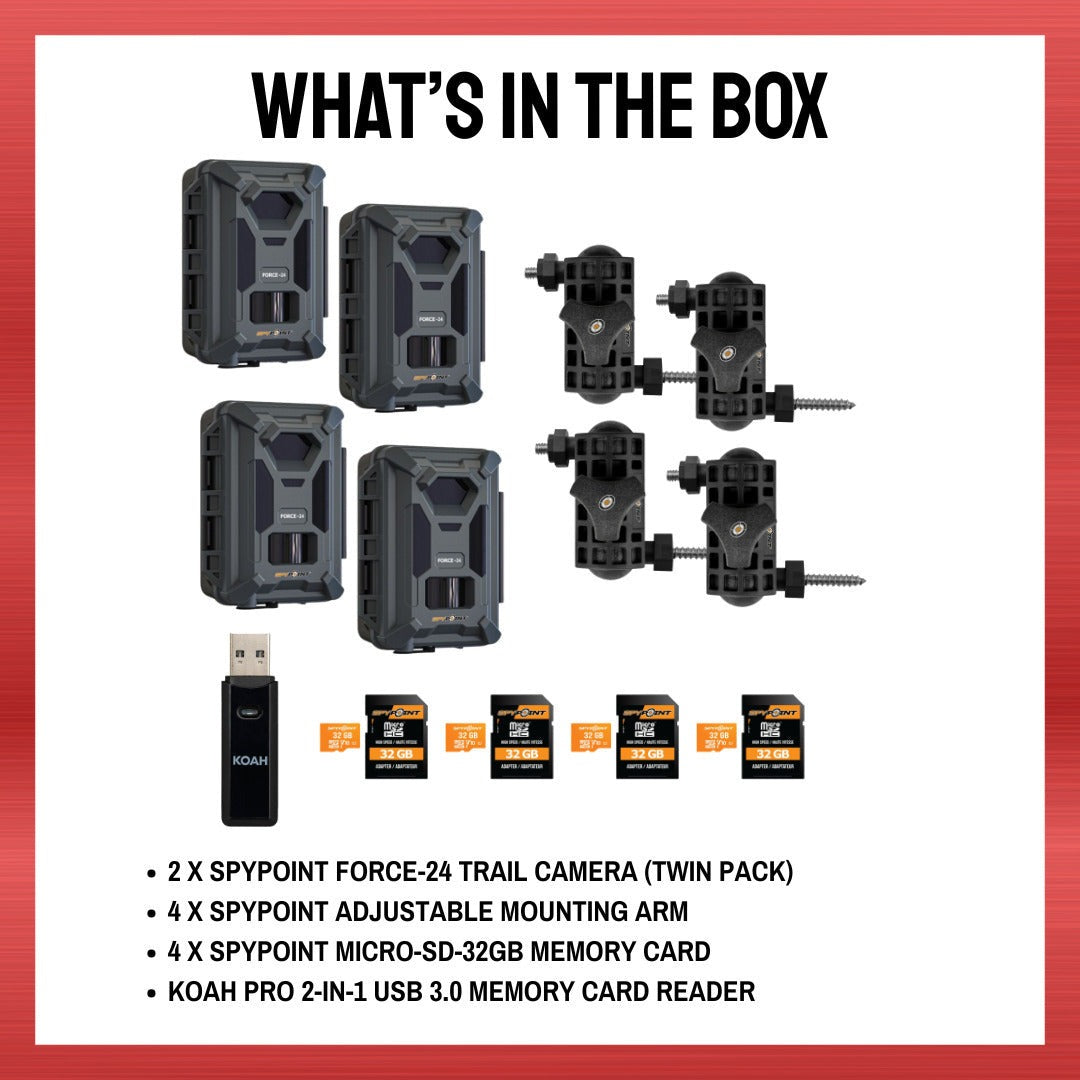 Spypoint Force-24MP Non-Cellular Trail Camera (4 Pack) Bundle with Accessories