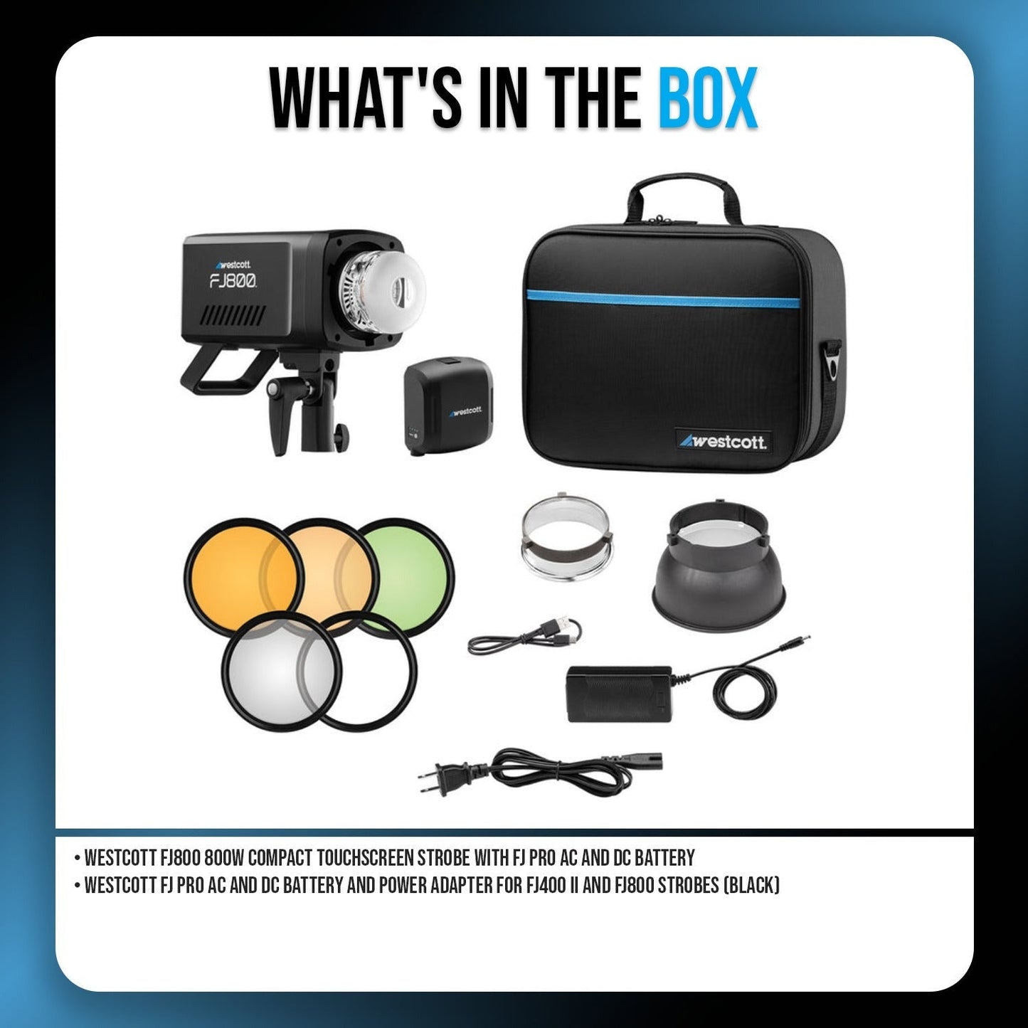 Westcott FJ800 800W Compact Touchscreen Strobe with FJ Pro AC, DC Battery Bundle