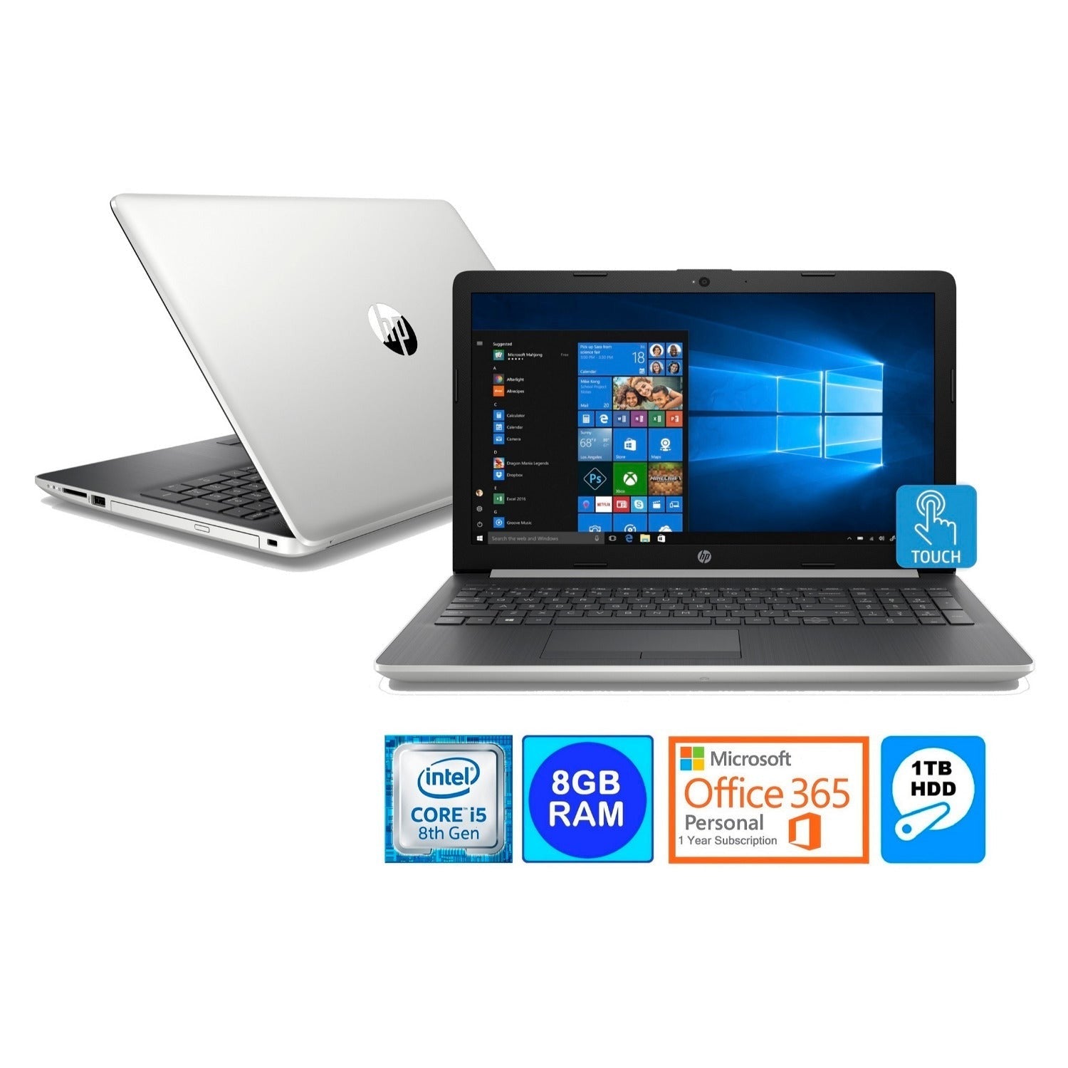 HP Laptop, 15.6" HD Touch, Intel Core i5-8250U, 8GB RAM, 1TB HDD, Microsoft 365 Personal 1-Year (Silver/Ash Silver) (Certified Refurbished)