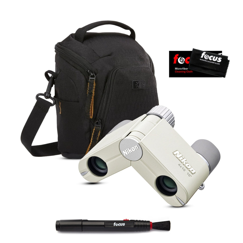 Nikon 4x10D CF 4x Pocket Binocular (Ivory White) with Bag and Accessories Bundle