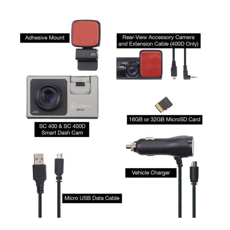 Cobra SC 400D 4K Smart Dash Cam with Optional Rear-View Accessory Camera
