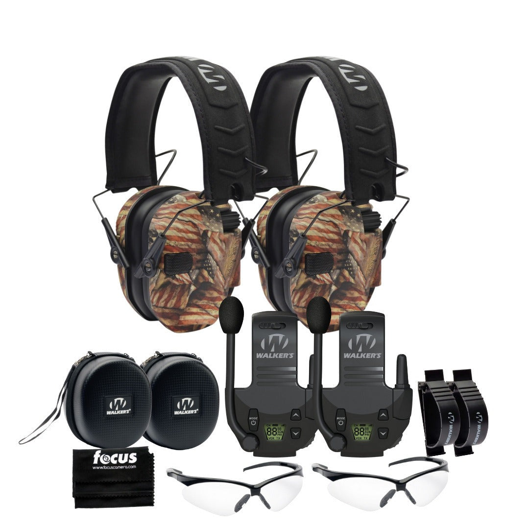 Walkers Razor Walkie Talkie Bundle with Ear Muff (American Flag) and Accessories