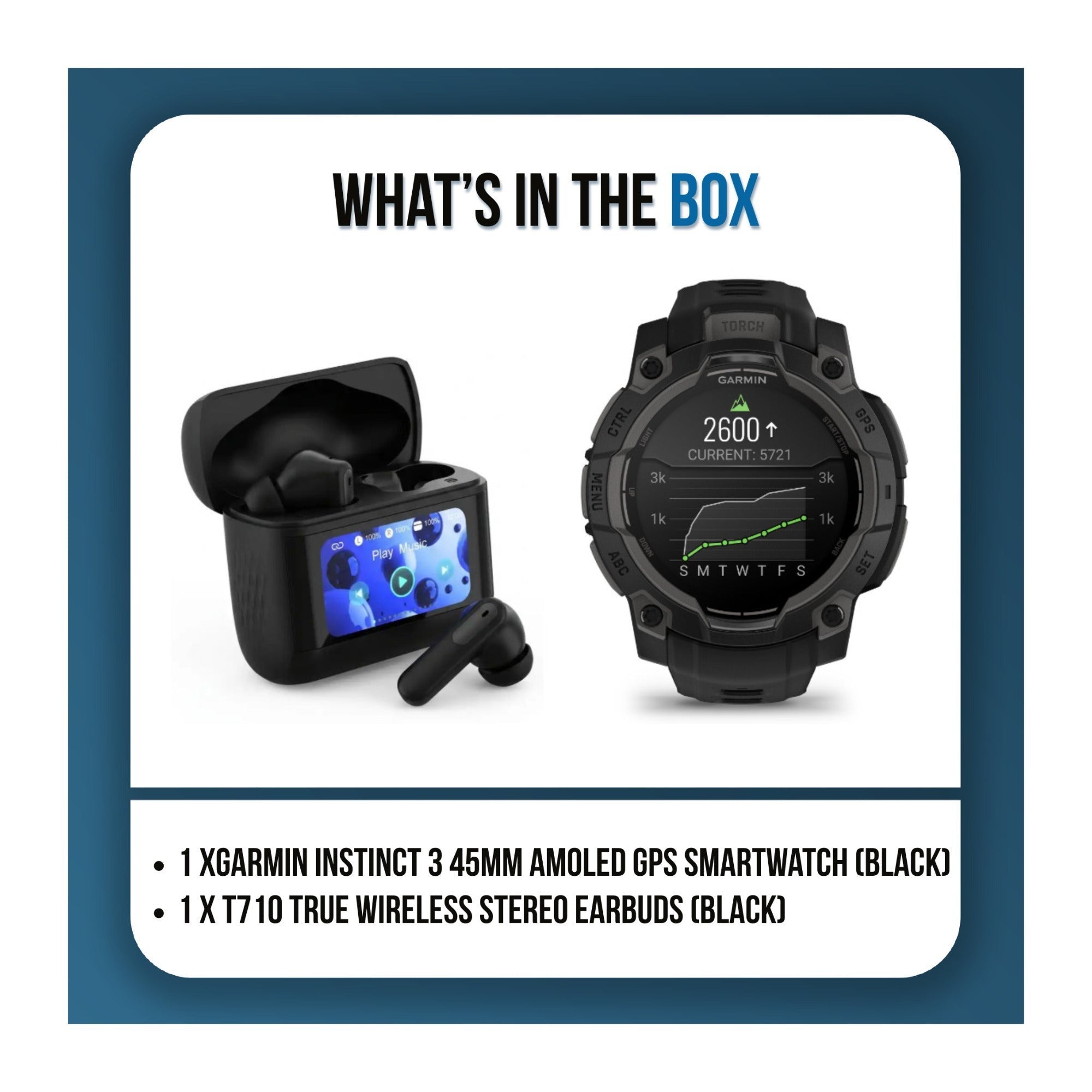 Garmin Instinct 3 45mm Black AMOLED GPS Smartwatch Bundle with T710 Earbuds