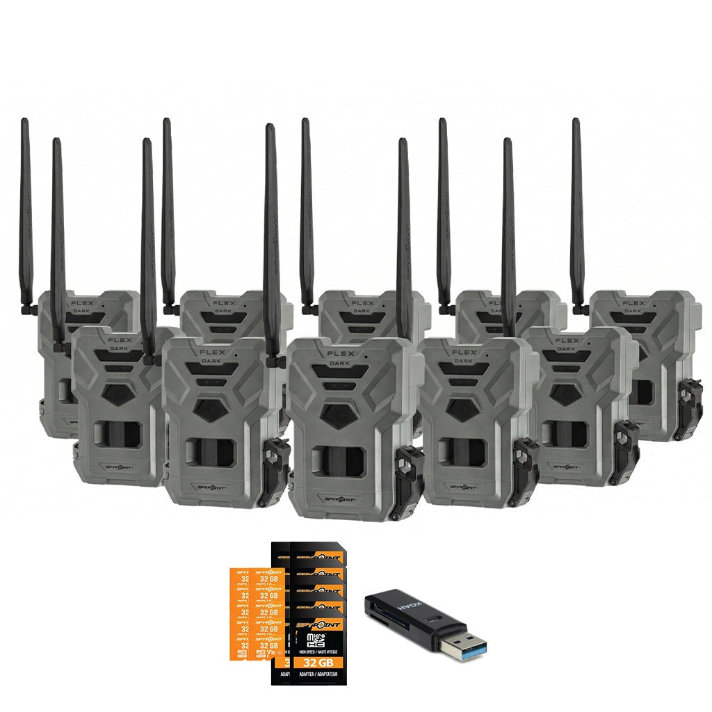 Spypoint Flex Dark GPS Cellular Trail Camera (10 Pack) with Accessories Bundle