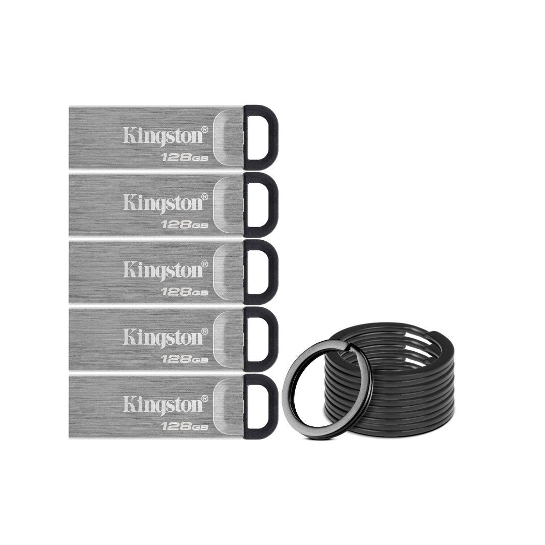 Kingston 128GB DataTraveler Kyson USB 3.2 Flash Drive (5-Pack) and Focus Camera Keyrings Bundle