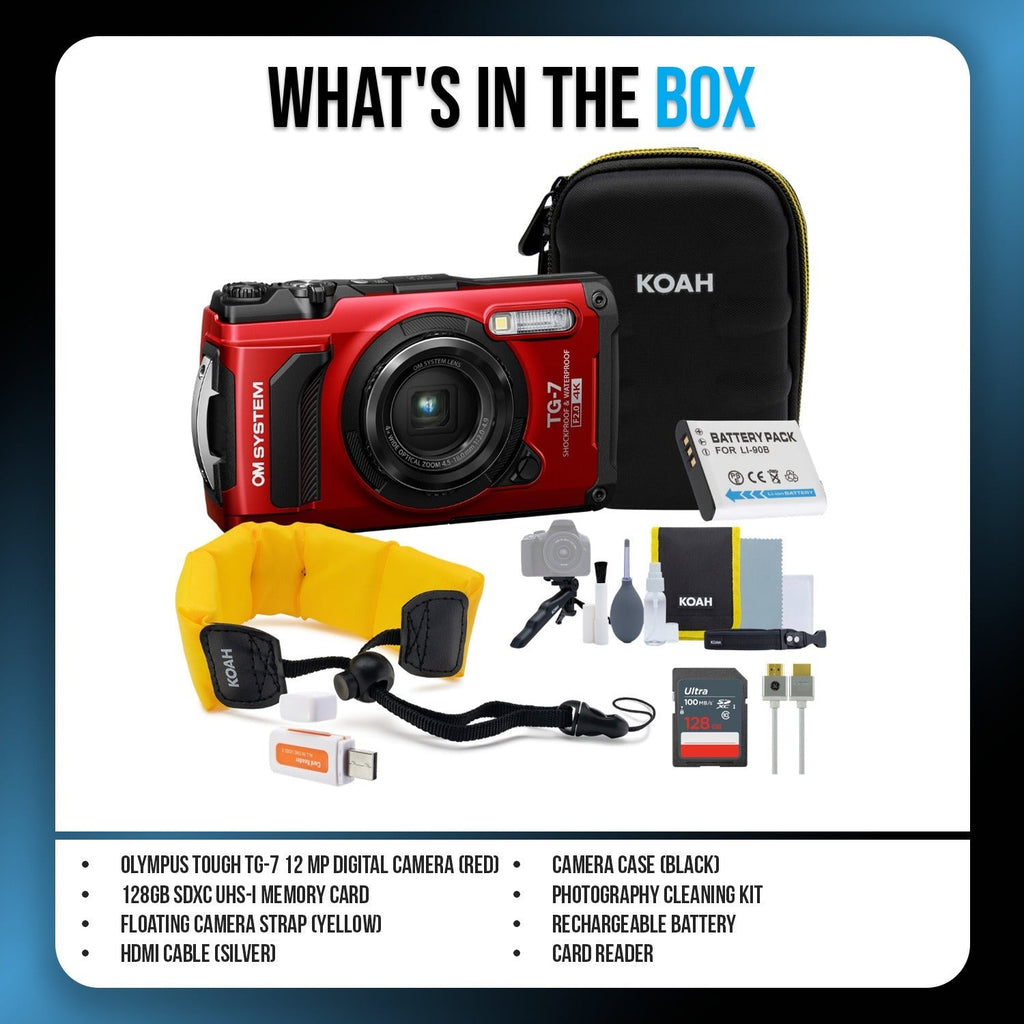 OM SYSTEM Tough TG-7 Digital Camera (Red) Bundle with 128GB Card, HDMI Cable & Accessories