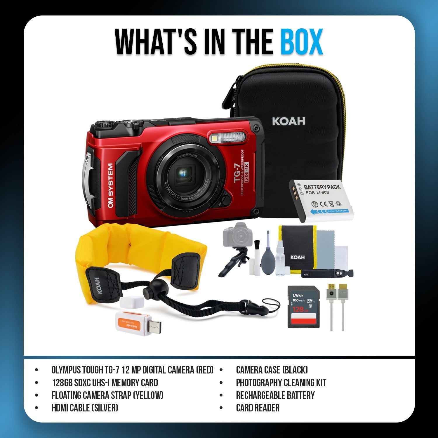 OM SYSTEM Tough TG-7 Digital Camera (Red) Bundle with 128GB Card, HDMI Cable & Accessories