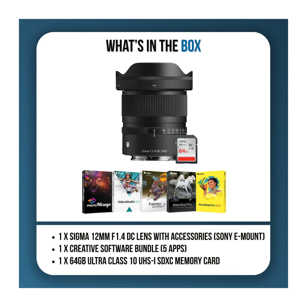 Sigma 12mm F1.4 DC Contemporary Lens for Sony E-Mount Bundle with Software Kit and 64GB SD Card