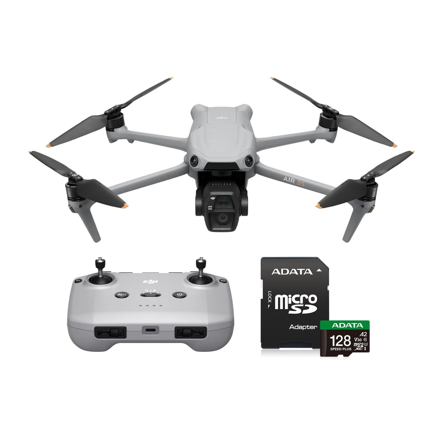 DJI Air 3S Drone with RC-N3 Remote Controller with 128GB microSDXC UHS I U3 10 A2 Memory Card Bundle