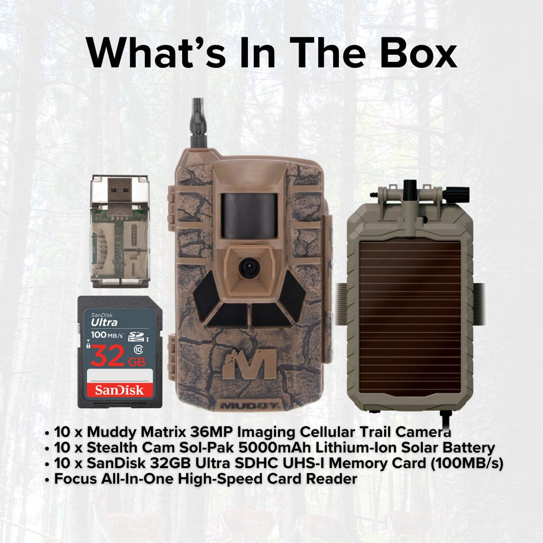 Muddy Matrix 36MP Imaging Cellular Trail Camera (10-Pack) with Solar Battery (10-Pack) Bundle