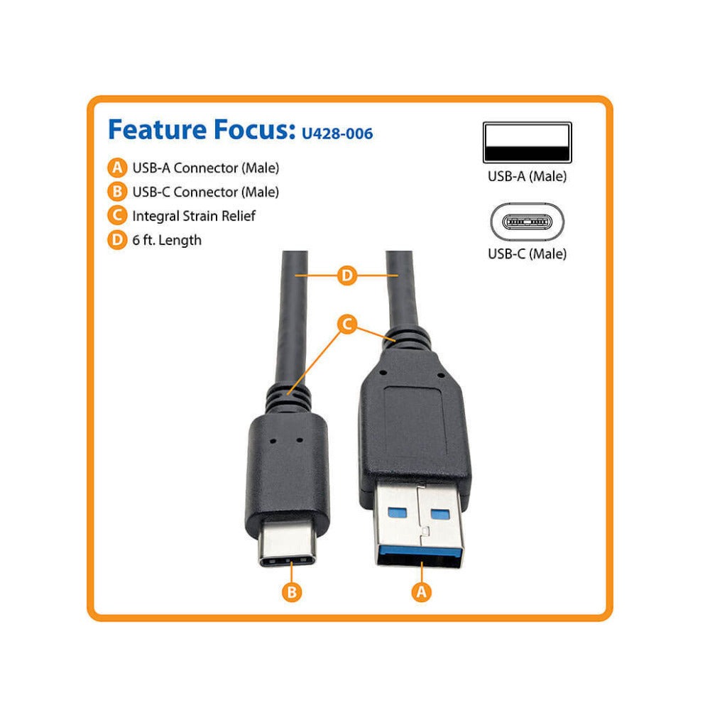 Tripp Lite USB C to USB-A Cable 5 Gbps USB 3.1 Gen 1 M/M USB Type C (6-Ft)