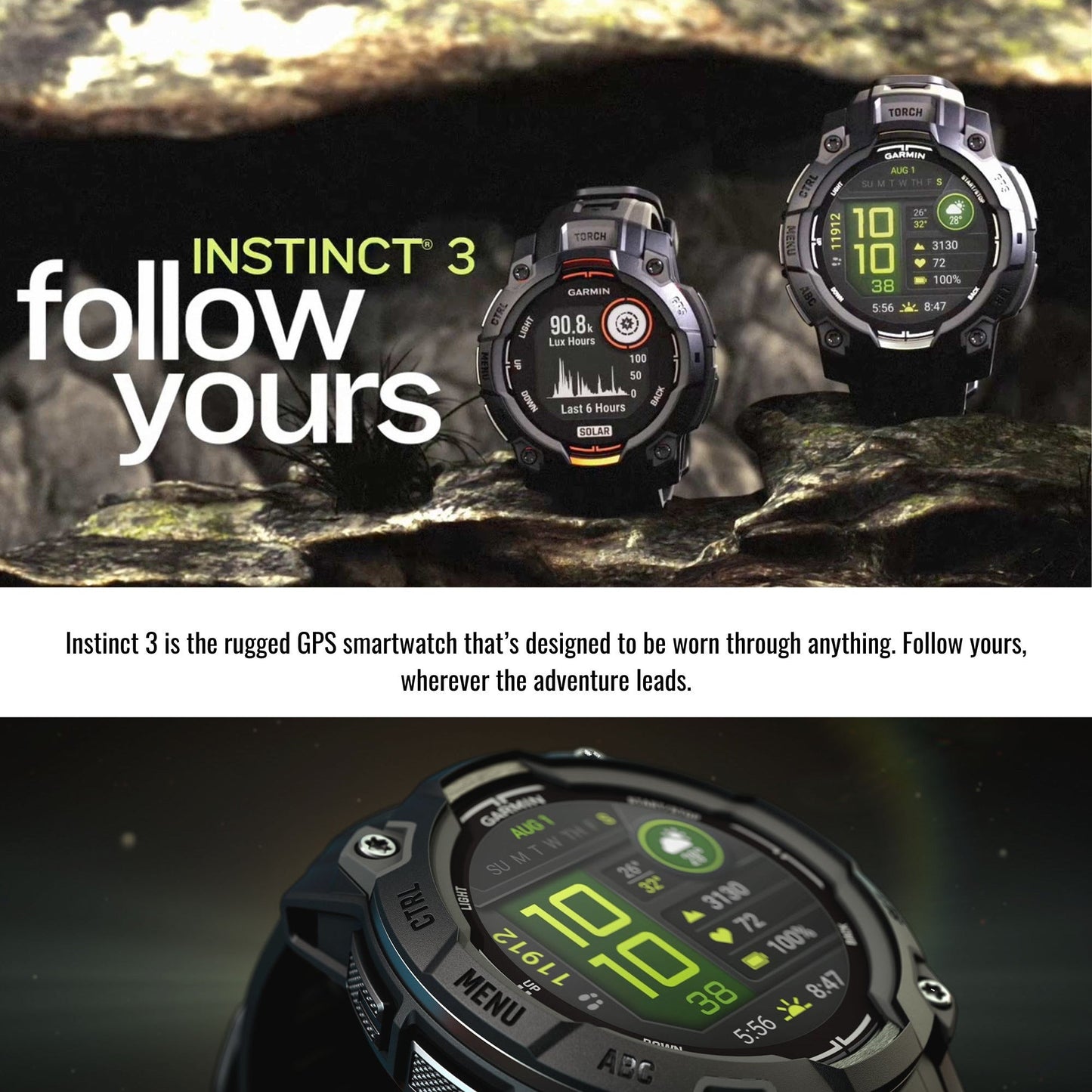Garmin Instinct 3 45mm AMOLED GPS Smartwatch (Black) and Focus Camera Charger Stand Bundle