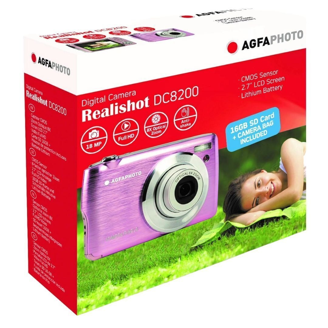 AGFAPhoto DC8200 18MP Compact Digital Camera with 8x Optical Zoom and 32GB Memory (Pink)