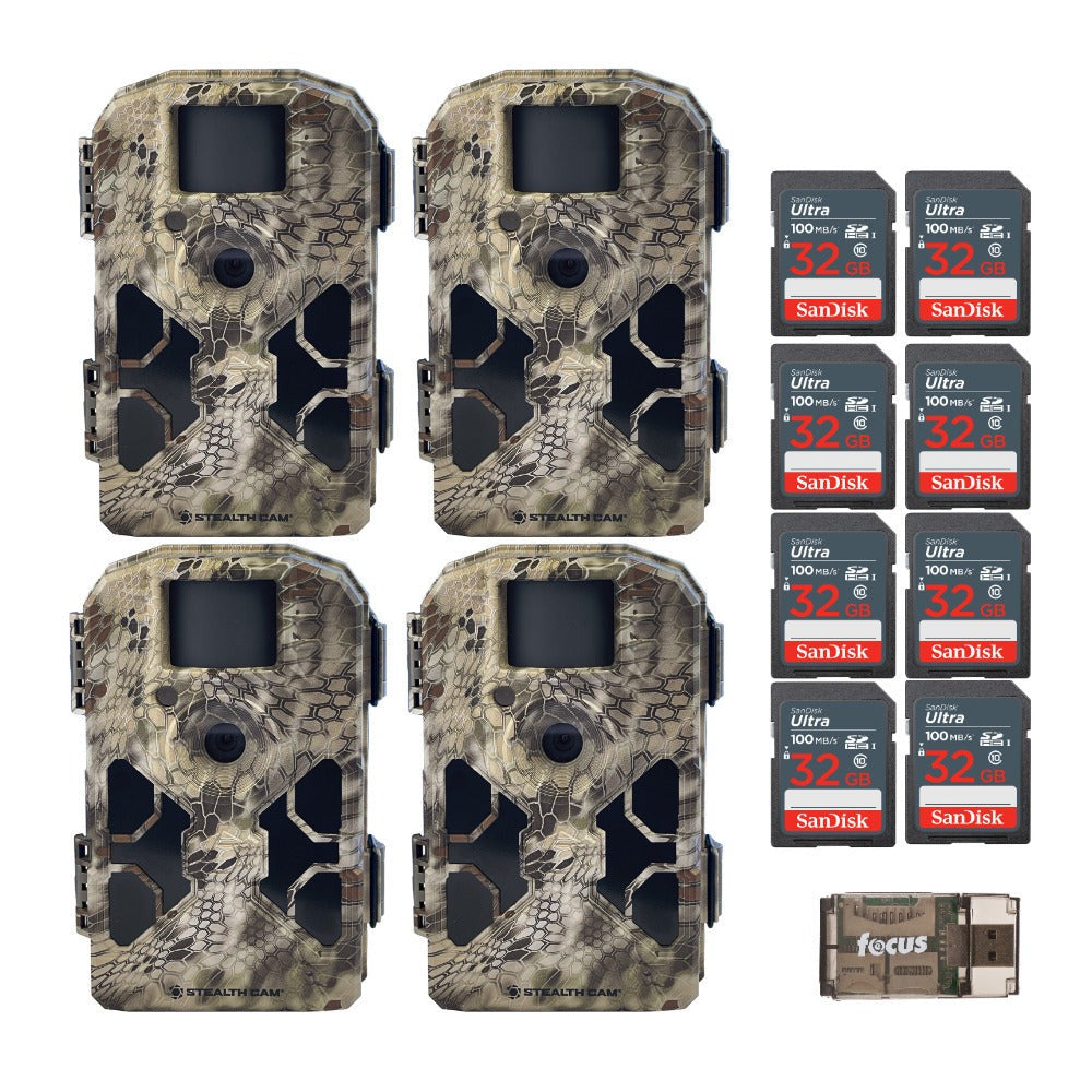 Stealth Cam 2022 G42NG 32MP No-Glow Trail Cameras, Kryptek, & Cards Kit (4-Pack)