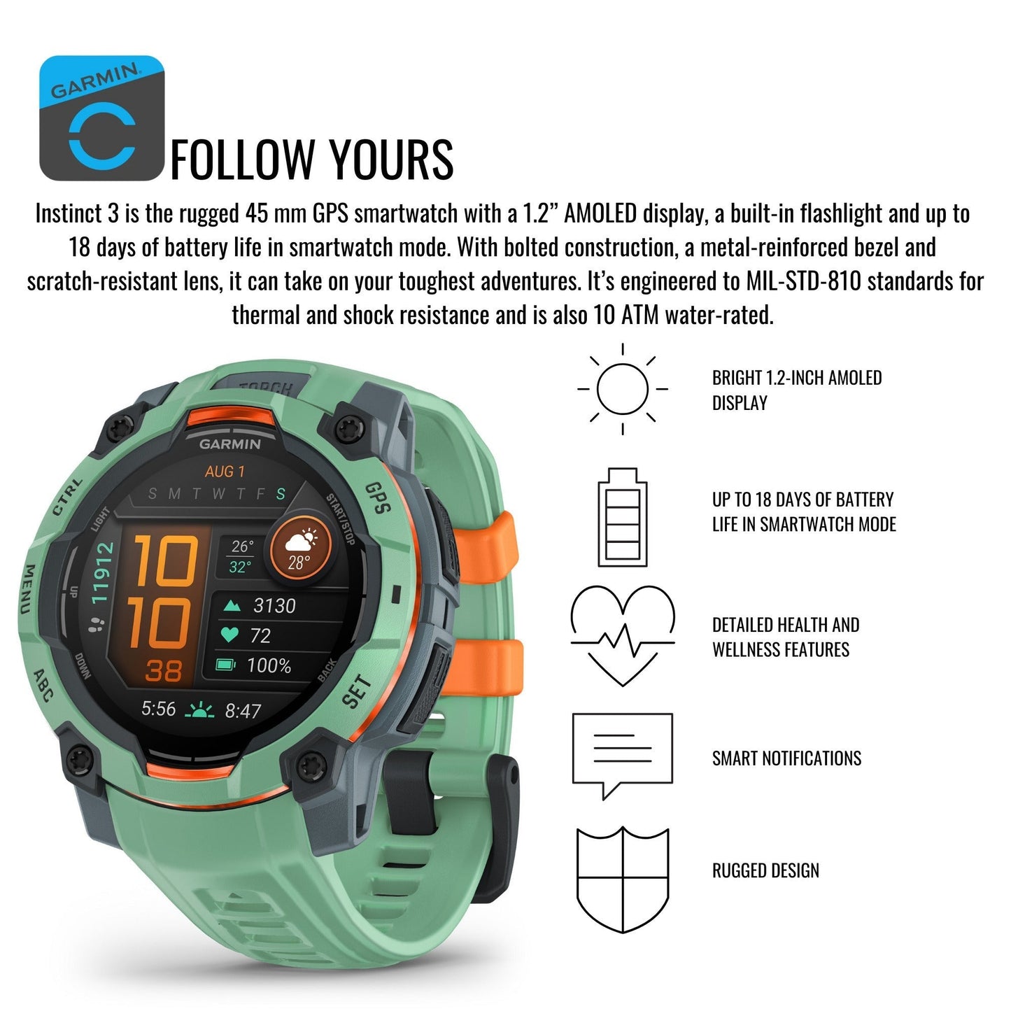 Garmin Instinct 3 45mm AMOLED GPS Smartwatch (Neo Tropic) and Focus Camera Charger Stand Bundle