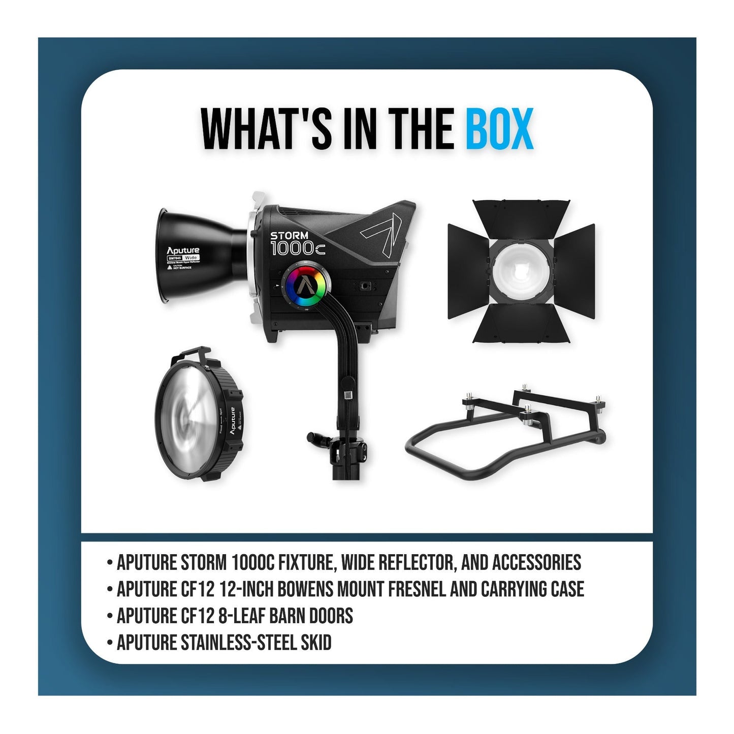 Aputure Storm 1000c Bundle with Wide Reflector, Fresnel, Barn Doors, and Skid