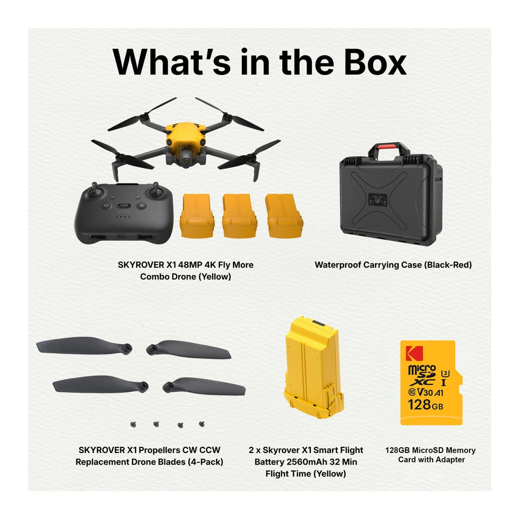 SKYROVER X1 48MP 4K Fly More Combo Drone (Yellow) with Accessories Bundle