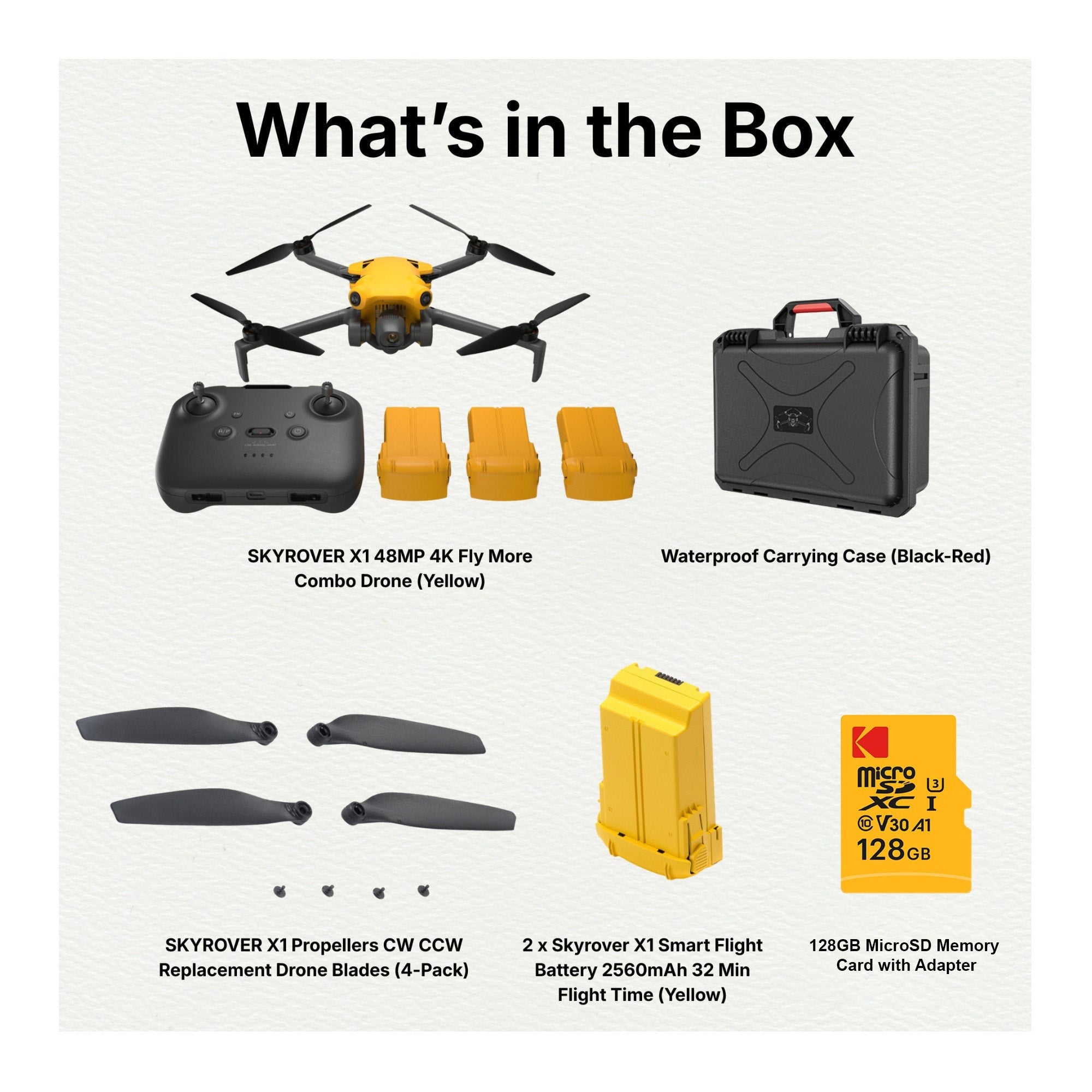 SKYROVER X1 48MP 4K Fly More Combo Drone (Yellow) with Accessories Bundle
